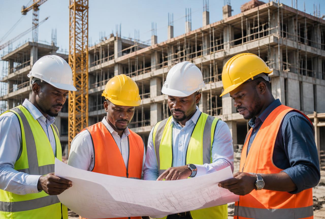 Ingénieurs africains casqués étudiant des plans devant un chantier de construction
