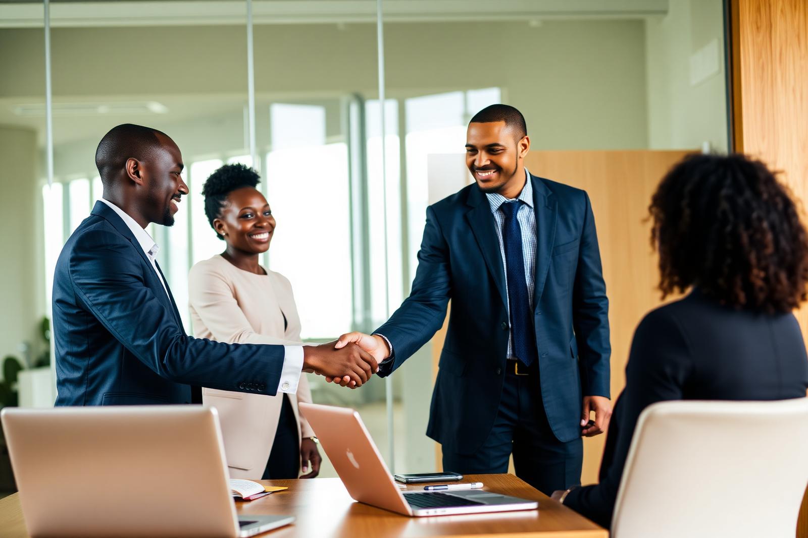 Réunion d’affaires entre dirigeants africains dans une salle contemporaine