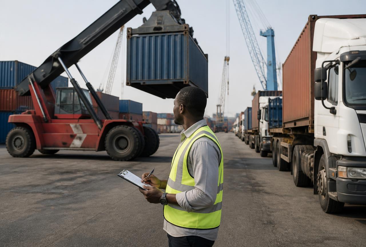 Coordinateur logistique africain devant des camions et un chariot élévateur manipulant un conteneur