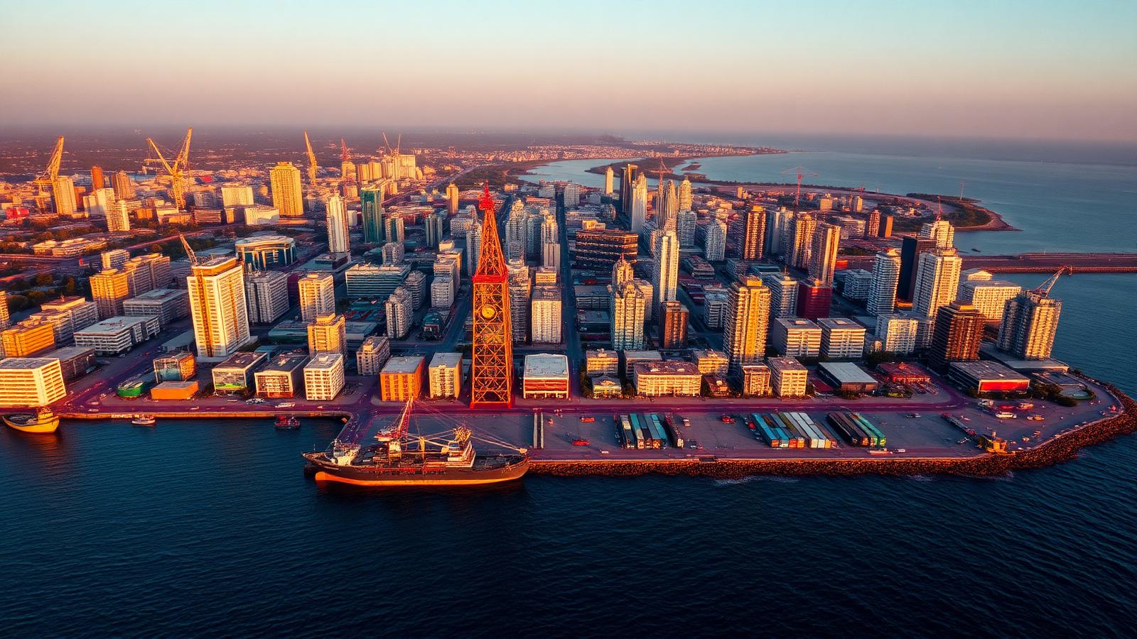 Vue aérienne d’une ville côtière moderne d’Afrique de l’Ouest au coucher du soleil