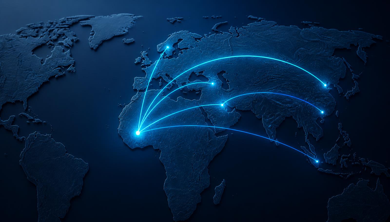 Carte du monde stylisée avec des tracés lumineux reliant l’Afrique de l’Ouest à d’autres régions